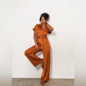 HUTCH Anthropologie Kerrigan Satin Utility Jumpsuit Size Medium Rust